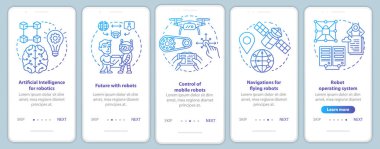 Mobil uygulama sayfa vektör şablonu üzerinde robotik kurslar. Robot kontrolü öğreniyorum. Doğrusal çizimler içeren web sitesi adımları. Ux, Ui, Gui akıllı telefon arayüzü kavramı