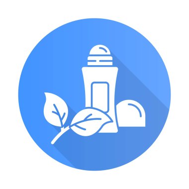 Doğal deodorant mavi düz dizayn uzun gölge sembolü. Hipoalerjenik terleme önleyici. Kişisel bakım ürünü. Hijyen. Alüminyumsuz. Organik kozmetik ürünleri. Vektör silueti çizimi