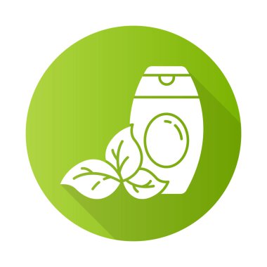 Duş jeli şişesi yeşil düz tasarım uzun gölge sembolü. Köpük banyosu. Vücut yıkama, bitki bazlı cilt bakımı. Güzellik ürünü. Şampuan. Saç bakımı. Organik kozmetik ürünleri. Vektör silueti çizimi