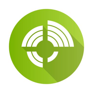 Radyal diyagram yeşil düz tasarım uzun gölge simgesi. Radar diyagramı. Çok değişkenli veri sunumu. İstatistikler. Örümcek çizelgesi. Bilgi değeri merkezi noktadan itibaren uzanıyor. Vektör silueti çizimi