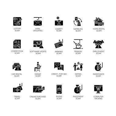 Scam tipleri kabartma simgeleri ayarlandı. Kötü amaçlı yazılım. Yatırım, kiralama planları. Phishing numaraları. Siber Suçlar. Kötü niyetli internet aktiviteleri. Finansal dolandırıcılık. Siluet sembolleri. Vektör izole illüstrasyonu