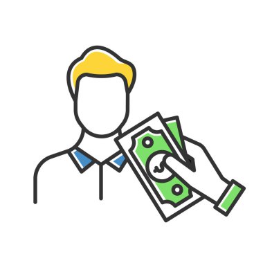 Nakit rengi ikonunu ödünç alıyorum. Borç para vermek. Krediyi öde, krediyi. Dolar banknotları alan adam. Mali ve kişisel bütçe hesaplarını yönetiyorum. Ekonomi endüstrisi. İzole vektör illüstrasyonu