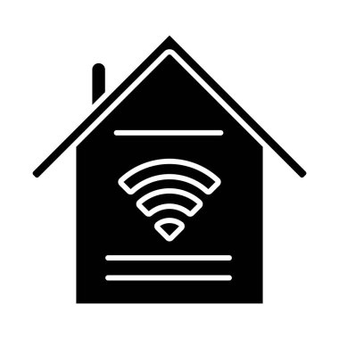 Akıllı ev özellikleri simgesi. Ev aletleriyle internet üzerinden başa çık. Kontrol evi. İçerideki kablosuz internet erişimi. Ev otomasyonu. Siluet sembolü. Boşluk yok. Vektör izole illüstrasyonu