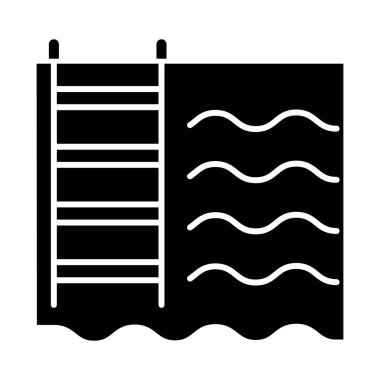 Yüzme havuzu sembolü. Su ve merdiven. Banyo yapmak. Aquapark. Auatic tesisleri. Daire konforu. Salon, spor salonu. Siluet sembolü. Boşluk yok. Vektör izole illüstrasyonu