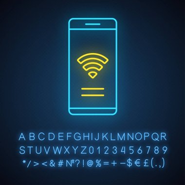 İnternet erişimi neon ışık ikonu. Karı bölgesi. Web bağlantısı. Akıllı telefon yönlendirici uygulaması. İnternete gir. Bedava kablosuz. Alfabe, sayılar ve sembollerle parlayan işaret. Vektör izole illüstrasyonu