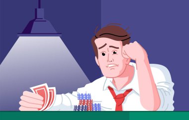 Kumar bağımlılığı düz vektör çizimi. Kumarhane eğlencesi bağımlılığı. Kumarbazlar kaybeder, kötü şans getirir. Saplantılı poker oyuncusu, kart oyunu çizgi film karakterini kaybetmekten bıktı