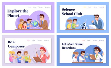 Okuldan sonra iniş sayfası vektör şablonu ayarlandı. Çocuk Faiz Klüpleri web sitesi arayüzü fikri düz çizimler ile. Ders dışı aktiviteler. Ana sayfa düzeni. Web afişi, web sayfası çizgi film kavramı