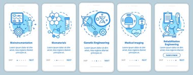 Doğrusal kavramları olan mobil uygulama sayfası ekranında biyomühendislik. Tıbbi görüntüleme. Beş aşamalı grafik talimatlar. Biyoenstrümantasyon. Ux, Ui, resimli Gui vektör şablonu