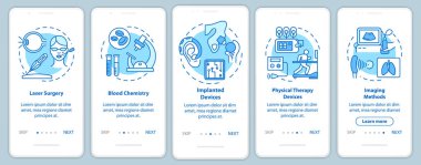 Biyomedikal mühendislik mobil uygulama sayfası ekranında doğrusal kavramlarla. Kan kimyası. Beş aşamalı grafik talimatlar. Lazer ameliyatı. Ux, Ui, Gui vektör şablonu, çizimler