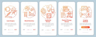 Biyomedikal mühendislik mobil uygulama sayfa ekran şablonu üzerinde. Lazer ameliyatı. Doğrusal çizimler içeren web sitesi adımları. Kan kimyası. Ux, Ui, Gui akıllı telefon arayüzü kavramı