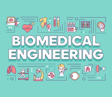 Biyomedikal mühendislik kelimesi afişi kavramlaştırır. Sağlık için biyo-teknoloji. Sağlık hizmetleri gelişimi. Sunum, web sitesi. Doğrusal simgelerle izole edilmiş tipografi fikri. Vektör özet çizimi