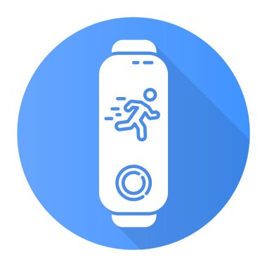 Mavi düz dizayn, uzun gölge simgesi üzerinde çalışan adam silueti olan fitness takip cihazı. Aktif yaşam tarzı cihazı, sağlık aleti, koşu zamanı. Vektör silueti çizimi