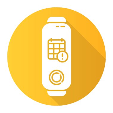 Takvim uyarımlı fitness izleyicisi sarı düz tasarım uzun gölge simgesi seçeneği. Dijital etkinlik planlayıcısı olan bir sağlık cihazı, son teslim tarihi hatırlatıcı. Vektör silueti çizimi