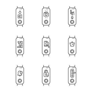 Doğrusal simgelerde fitness izleyici seçenekleri ayarlandı. Kayıp telefon bulma cihazı, akıllı ev tebligatları. İnce çizgi çizgili semboller. İzole vektör çizimi çizimleri. Düzenlenebilir vuruş