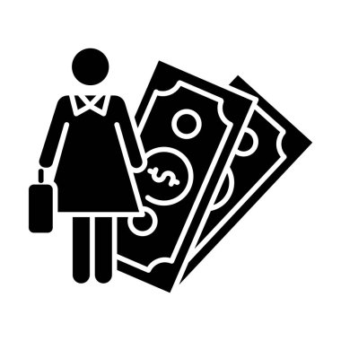 Kadın ekonomik simge simgesi. Kadın hakları, cinsiyet eşitliği. Kadın finans kariyeri. İş kadınıyım. Sermaye, para. Feminizm, demokrasi. Siluet sembolü. Boşluk yok. Vektör izole illüstrasyonu