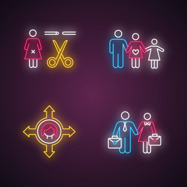 Cinsiyet eşitliği neon ışık simgeleri ayarlandı. Zorla kısırlaştırma. Kadınların hareket özgürlüğü. Kadın için istihdam, dostum. Aile planlaması. Çift ilişkisi. Parlak işaretler. Vektör izole çizimleri