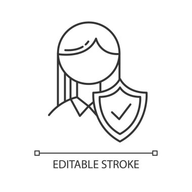 Sigorta endüstrisinin doğrusal simgesi. Hayat koruma. Güvenlik ve güvenlik garantisi. Risk ve tehlike yönetmeliği. İnce çizgili çizim. Contour sembolü. Vektör izole çizim. Düzenlenebilir vuruş