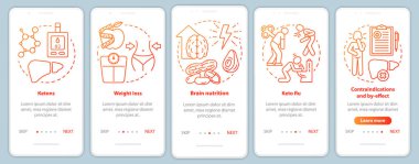 Keto mobil uygulama sayfa vektör şablonu üzerinde kırmızı diyet yapıyor. Ketojenik beslenme ve sağlıklı beslenme. Doğrusal çizimler içeren web sitesi adımları. Ux, Ui, Gui akıllı telefon arayüzü kavramı
