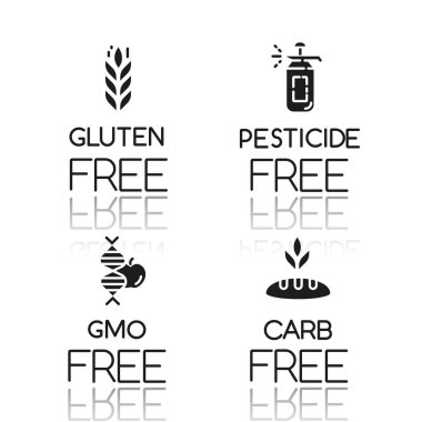 Ürünler ücretsiz damla gölge siyah simge simgeleri ayarlandı. Glüten, böcek ilacı, gmo, karbonhidrat yok. Organik sağlıklı yiyecekler. Alerjisi ve tatlandırıcısı olmayan diyet. İzole vektör çizimleri