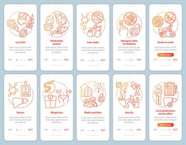 Keto diyet kırmızı seyyar uygulama sayfa ekran şablonu. Sağlıklı beslenme. Ketogenik yemek, yemek. Düşük karbonhidratlı gıda gezinti sitesi adımları doğrusal simgelerle. Ux, Ui, Gui akıllı telefon arayüzü kavramı