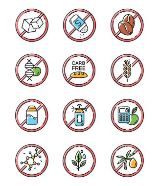 Ürün içermeyen renk simgeleri ayarlandı. Paraben yok, böcek ilacı yok, laktoz yok. Organik yiyecekler, sağlıklı yiyecekler. Kimyasal olmayan bitkiler. Alerjisi ve tatlandırıcısı olmayan diyet. İzole vektör çizimleri