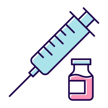 Aşılama renk simgesi. Tıbbi enjeksiyon. Doğum kontrol iğnesi vuruşu. HIV, hepatit önleme prosedürü. Güvenli seks. Kadın, erkek sağlık hizmetleri. Eczacılık şişesi. İzole vektör illüstrasyonu