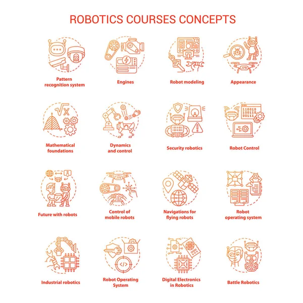 Cursos Robótica Conjunto Ícones Conceito Vermelho Criando Robôs Ideia Ilustrações — Vetor de Stock