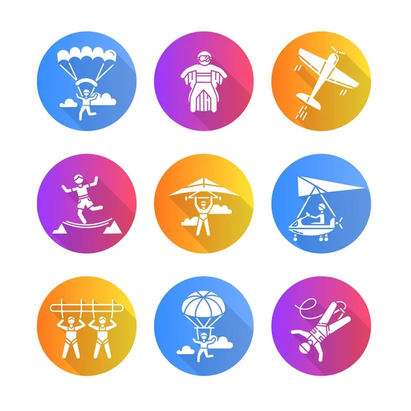 Air extreme sports flat design long shadow glyph icons set. Skydiving, parachuting, hang gliding, wingsuiting. Aerobatics, highlining, paragliding. Vector silhouette illustration