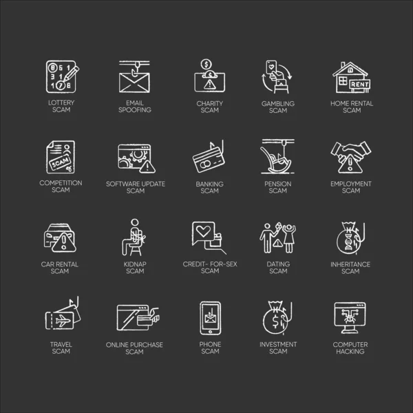 Types Arnaque Icônes Craie Ensemble Malicieux Investissements Loyers Trucs Hameçonnage — Image vectorielle