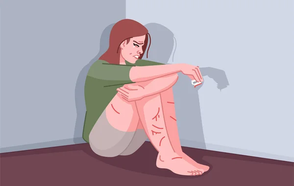 Závislost Sobě Samém Ploché Vektorové Ilustrace Psychická Porucha Sebepoškozování Žena — Stockový vektor