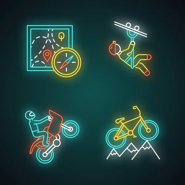 Extreme Sports Neon Light Icons Set Foot Orienteering Navigation Equipment — Stock Vector