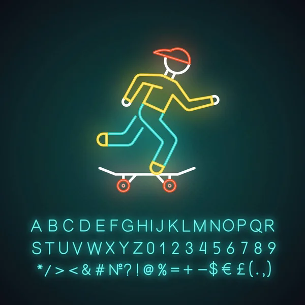 Skateboarding neon light icon. Street culture. Skater riding board. Skating guy. Person performing skateboard stunts. Extreme sport. Vector isolated illustration