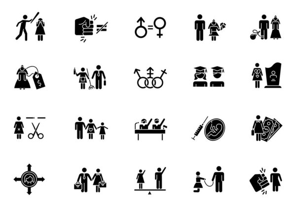 Gender equality glyph icons set. Woman, man right. Sexual slavery. Female economic activity. Transgender people. Employment, politics. Family planning. Silhouette symbols. Vector isolated illustration