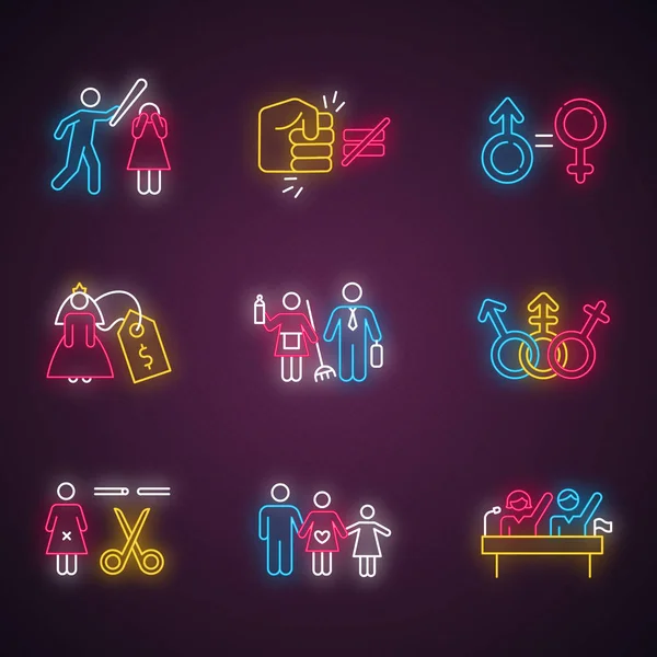 Gender equality neon light icons set. Violance against woman. Gender stereotypes. Bride price. Forced sterilization. Politic rights. Female abuse. Glowing signs. Vector isolated illustrations