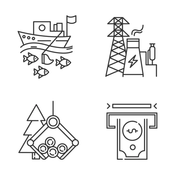 Industry Types Linear Icons Set Fishing Energy Timber Financial Sectors — Stock Vector