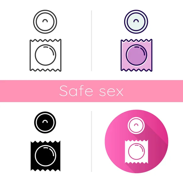 保险套图标 安全性行为 男性防腐剂 女性避孕 保护Hiv 预防怀孕 平面设计 线性和彩色风格 孤立的病媒图解 — 图库矢量图片