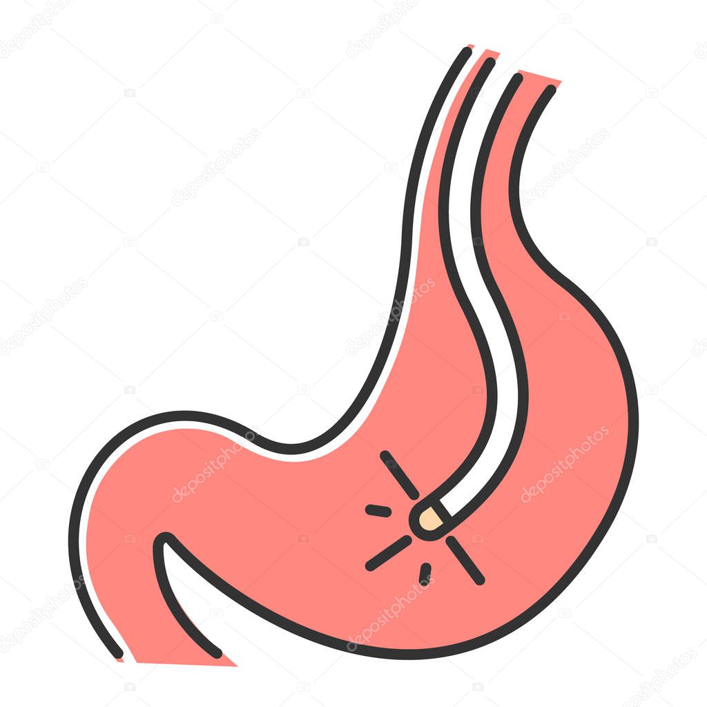 Endoscopy color icon. Gastroscopy process. Medical nonsurgical procedure. Healthcare services. Professional clinical treatment. Disease diagnostics. Visual inspection. Isolated vector illustration