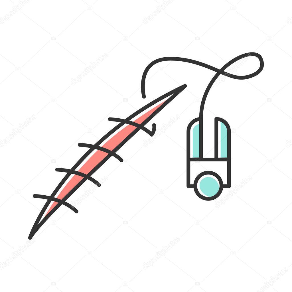 Stitching color icon. Suture device. Medical surgical procedure. Wound treatment. First aid. Injury healing. Health care. Professional help with open cut and gash. Isolated vector illustration