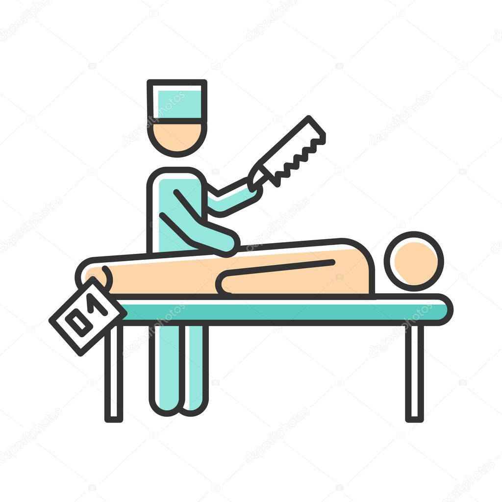 Autopsy color icon. Disambiguation. Post-mortem examination. Deceased patient. Corpse with tag. Body in morgue. Death cause. Medical forensic procedure. Pathologist. Isolated vector illustration