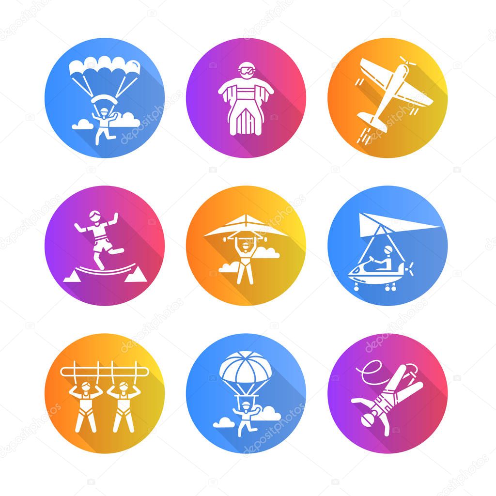 Air extreme sports flat design long shadow glyph icons set. Skydiving, parachuting, hang gliding, wingsuiting. Aerobatics, highlining, paragliding. Vector silhouette illustration
