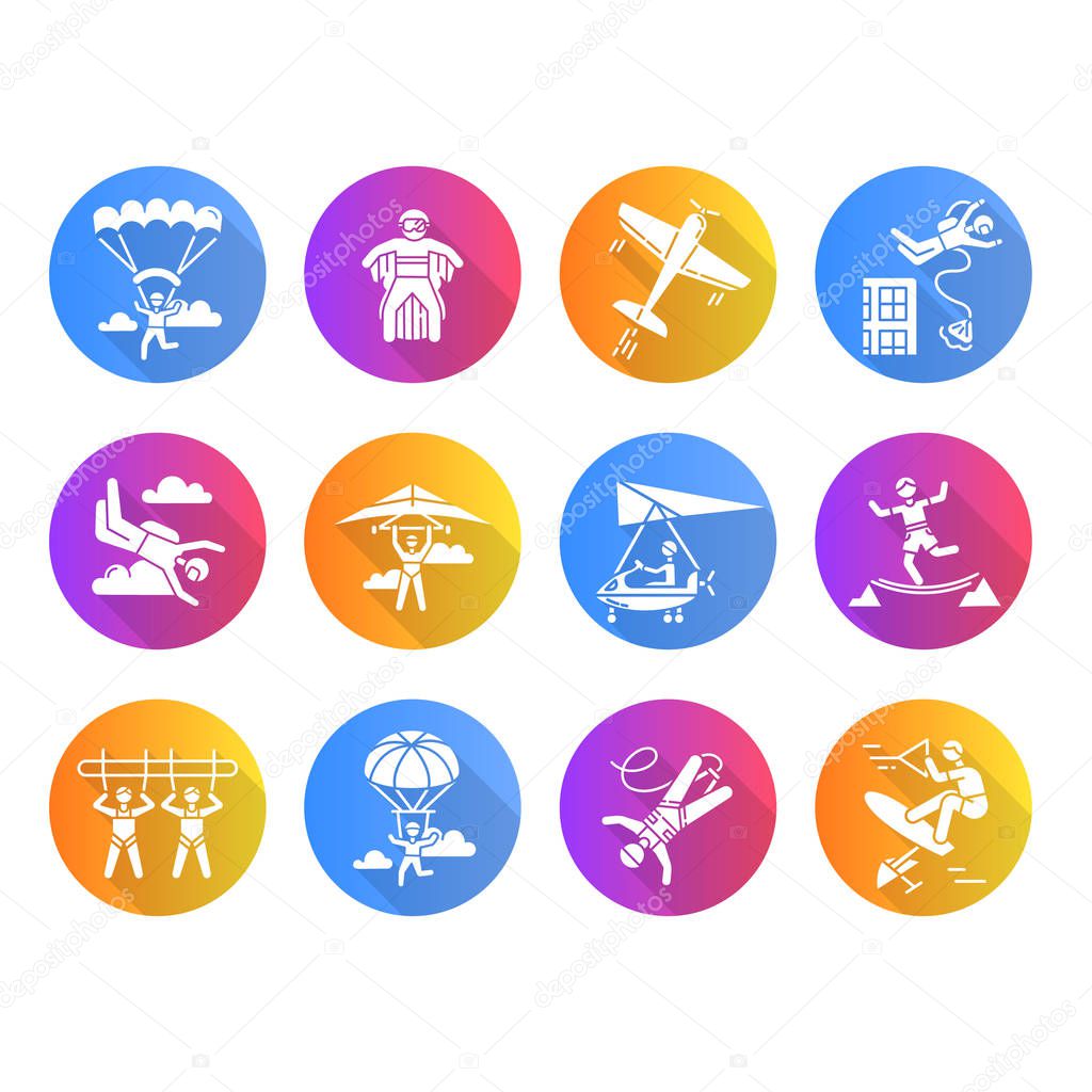 Air extreme sports flat design long shadow glyph icons set. Skydiving, parachuting, wingsuiting. Paragliding, aerobatics and bungee jumping. Adrenaline entertainment. Vector silhouette illustration