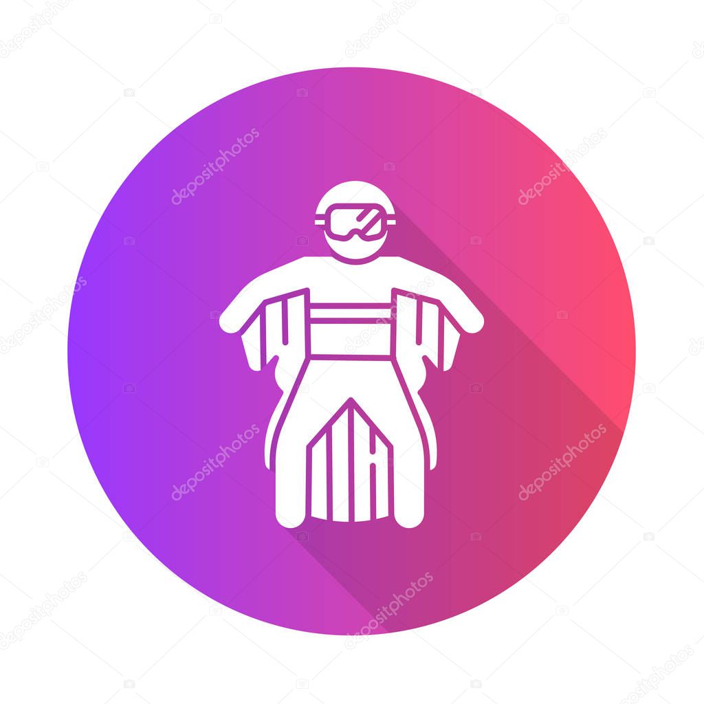 Wingsuit flying violet flat design long shadow glyph icon. Skydiver jumping with wing suit. Skydiving. Flight in sky, adrenaline recreation. Parachutist flying. Vector silhouette illustration