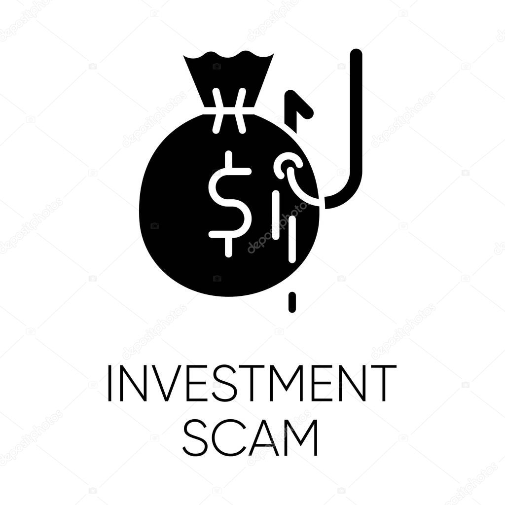 Investment scam glyph icon. Ponzi, pyramid scheme. Financial fraud. Illegal money gain. Fake promise of profit. Cybercrime. Phishing. Silhouette symbol. Negative space. Vector isolated illustration