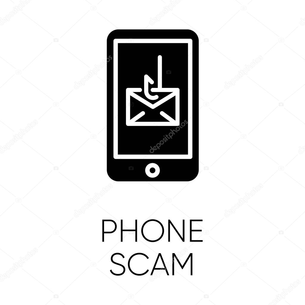 Phone scam glyph icon. Communications fraud. One-ring trick. Smishing, SMS phishing. Telephone scamming. Illegal money gain. Silhouette symbol. Negative space. Vector isolated illustration