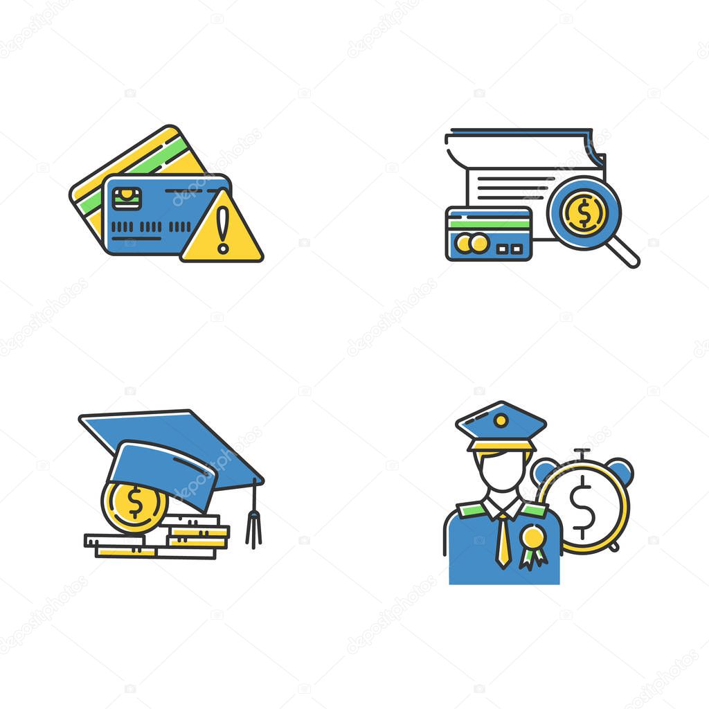 Loan color icons set. Student and veterans loan. Credit card debt risk. Paying for college degree. Tuition fee. Credit manager. Checking creditworthiness. Isolated vector illustrations