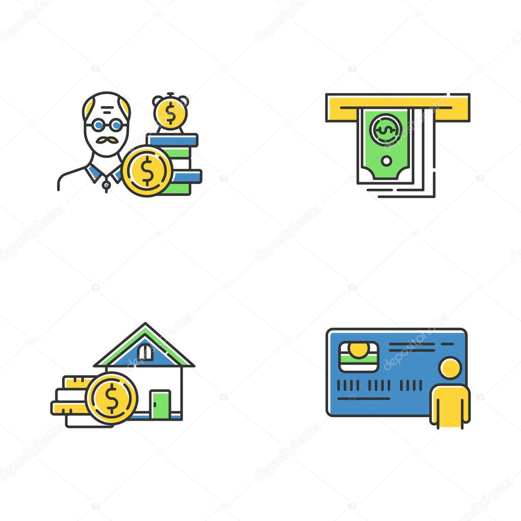 Credit color icons set. Borrowing from Retirement. Pension budget ivestment. Real estate credit. Home equity loan. Cash withdrawal from ATM. Personal credit card. Isolated vector illustrations