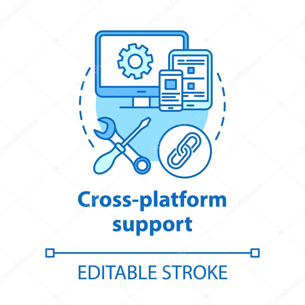 Cross-platform support concept icon. Software development idea thin line illustration. Mobile device programming. Responsive application management. Vector isolated outline drawing. Editable stroke