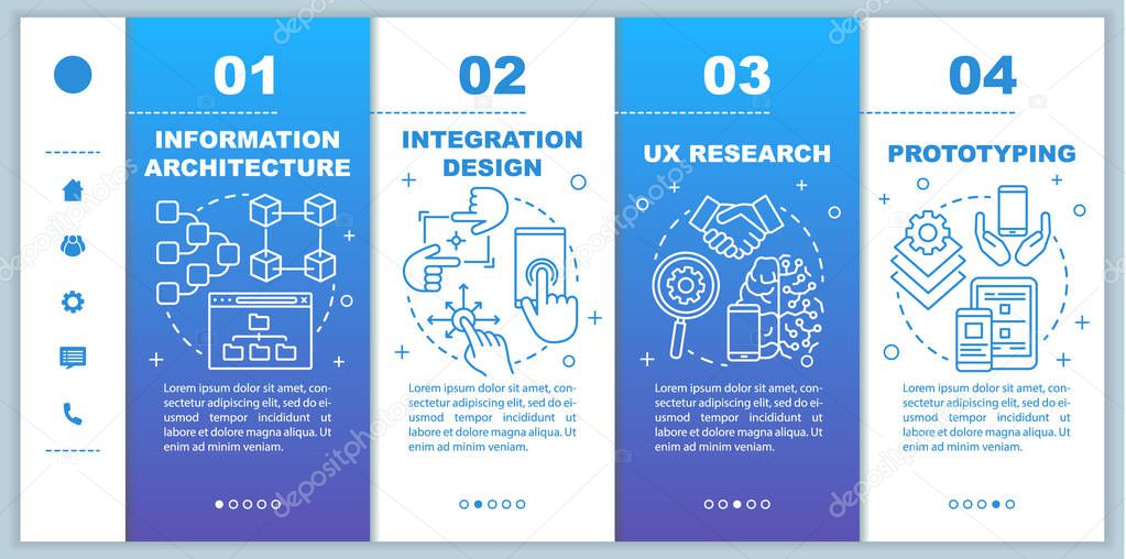 Information architecture onboarding mobile web pages vector template. Responsive smartphone website interface idea with linear illustrations. Webpage walkthrough step screens. Color concept