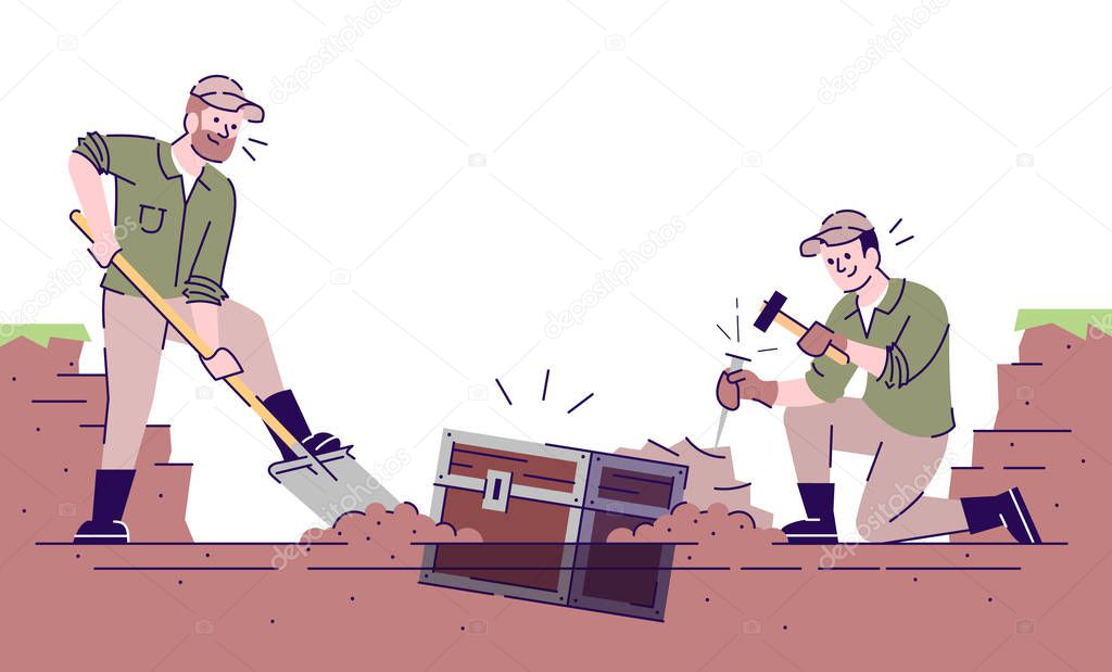 Treasure hunt flat vector illustration. Archaeological excavations. Marauding. Two caucasian men dig out chest isolated cartoon characters with outline elements on white background
