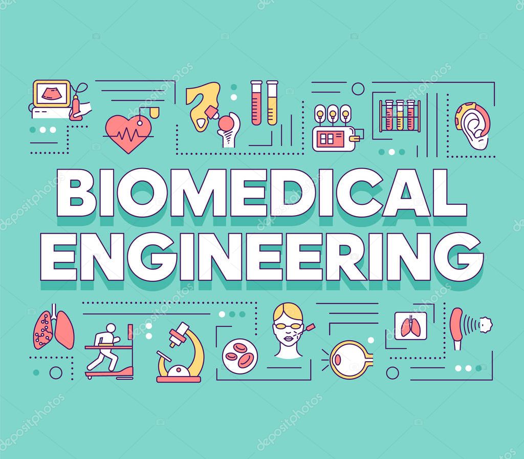 Biomedical engineering word concepts banner. Biotechnology for health. Healthcare development. Presentation, website. Isolated lettering typography idea with linear icons. Vector outline illustration